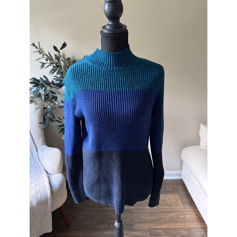 Studio Works Womens Mock Neck Colorblock Ribbed Sweater Teal Blue Black Medium